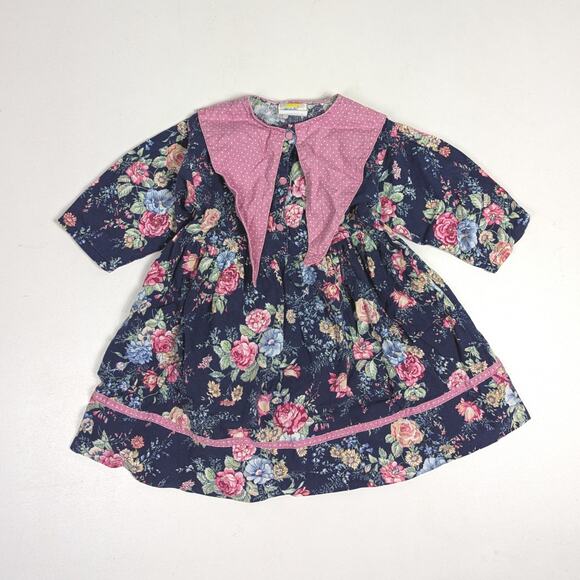 Vtg Magi Dress Girls Sz 2T Navy Floral 90s Cottagecore Sailor - Picture 1 of 6